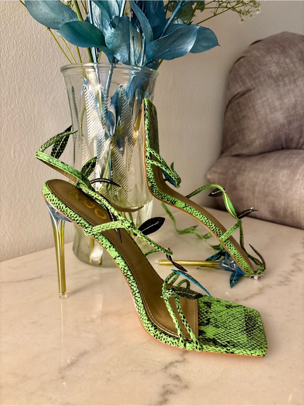 EGO Neon Green Snake-Print Strappy Stiletto Sandals